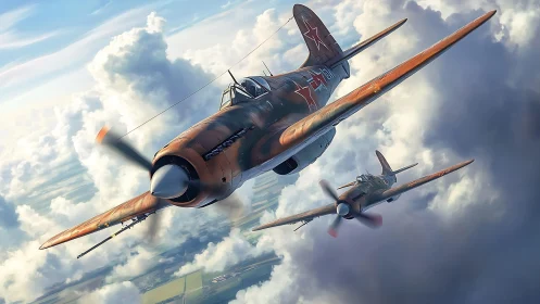 Soviet World War II fighter planes in tight cloud formation.