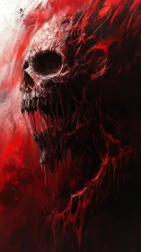 Fiery crimson skull emerges from swirling shadows and flame