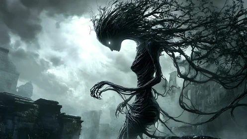 Twisted tree wraith looms over ruined stone city at dusk
