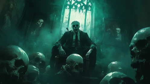 Skull-crowned figure rules a haunted emerald crypt throne room.