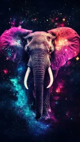 Cosmic elephant portrait with neon nebula textural framing.