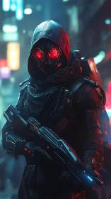 Hooded armored figure with rifle in neon urban alleyway.