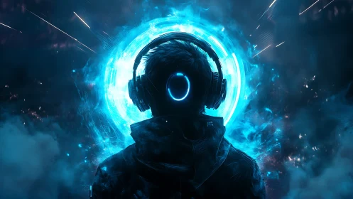 Neon cyber listener framed by radiant sonic vortex.