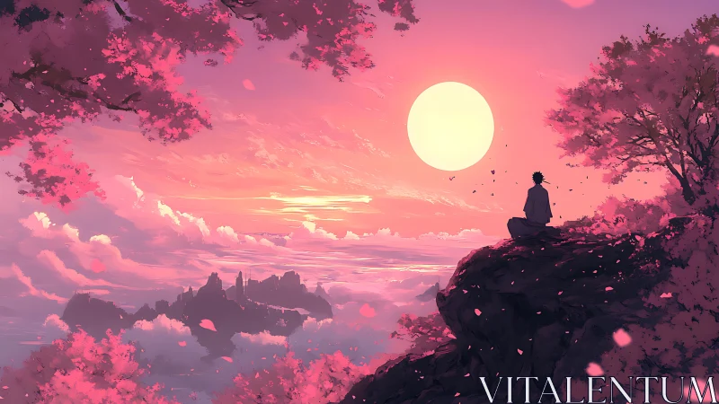 Gentle sunset meditation above dreamy pink cloud horizons.