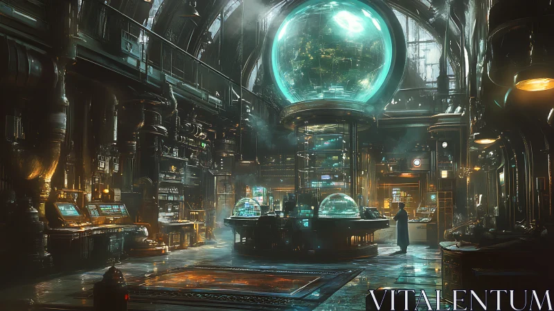 Futuristic observatory laboratory glows under suspended data globe