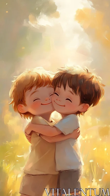 Two Children Embracing in Golden Light.