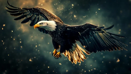 Majestic Bald Eagle in Flight Amid Dramatic Artistic Lighting.