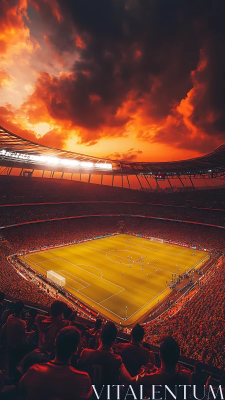 Panoramic football stadium under volumetric ember sky glow.