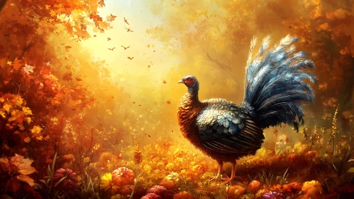 Turkey in Golden Autumn Field Bathed in Warm Sunlight