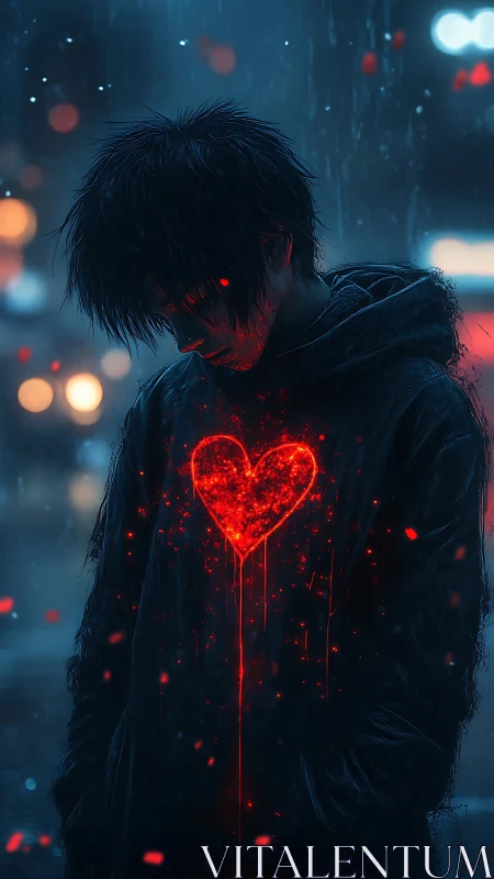 Nocturnal rain figure with luminescent bleeding heart emblem.