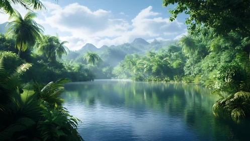 Rendered tropical river valley extends toward distant hills.