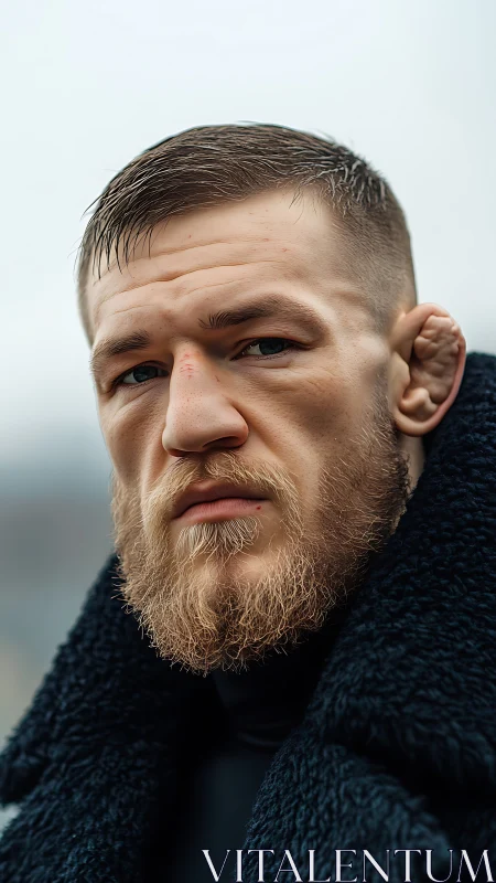 Close portrait captures stern bearded man in dark coat