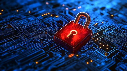 Cyber lock on illuminated PCB symbolizing data perimeter control.