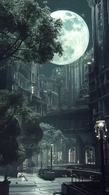 Moonlit vertical city courtyard merges steel and forest