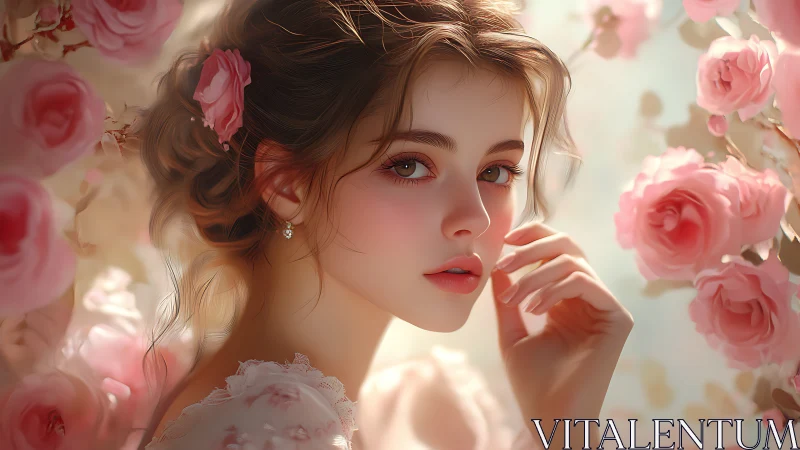 Romantic digital portrait with soft-focus rose bokeh field.