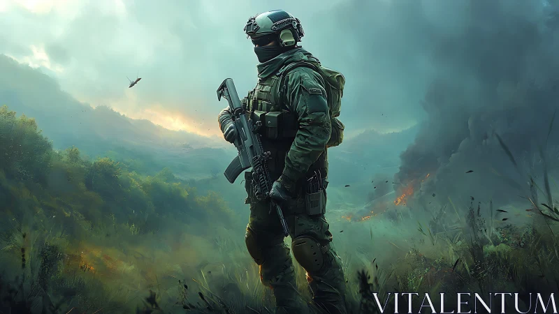 Lone armored soldier surveys a smoky battlefield at dawn