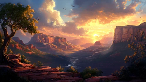 Sunlit canyon vista over glowing desert valley at dusk.