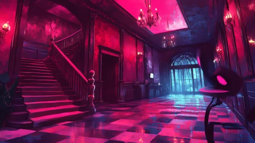 Neon-lit mansion foyer glows with eerie cinematic drama.