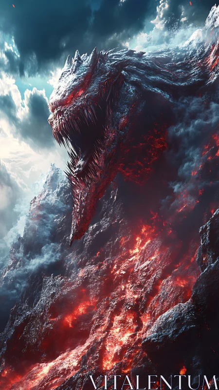 Volcanic dragon erupts from molten mountainside under storm
