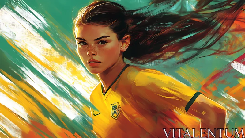 Focused female soccer player in yellow jersey portrait.