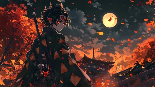 Sword-wielding anime warrior under full moon sky.