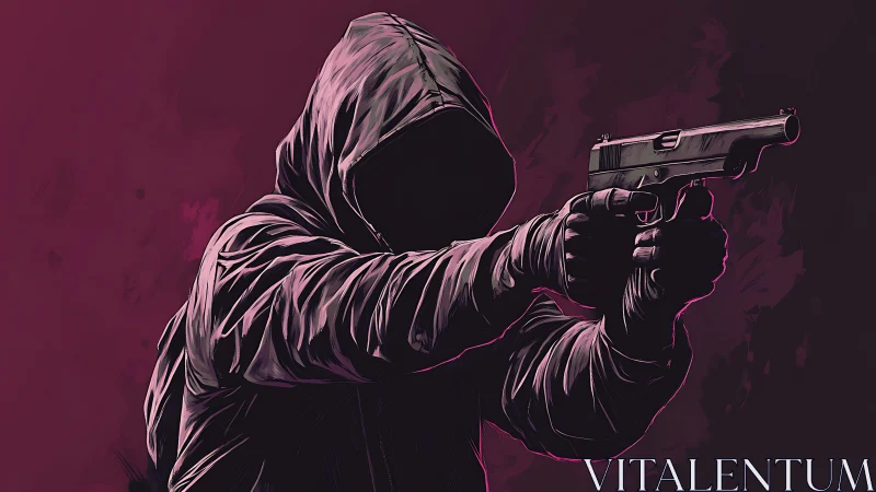 Hooded shadow with pistol in neon dusk tensioned stillness.