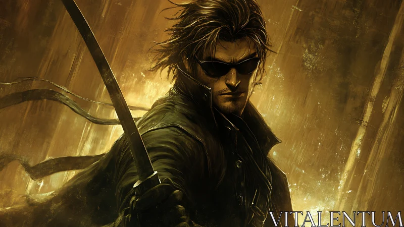 Sword-wielding man in dark coat stands before glowing gold background