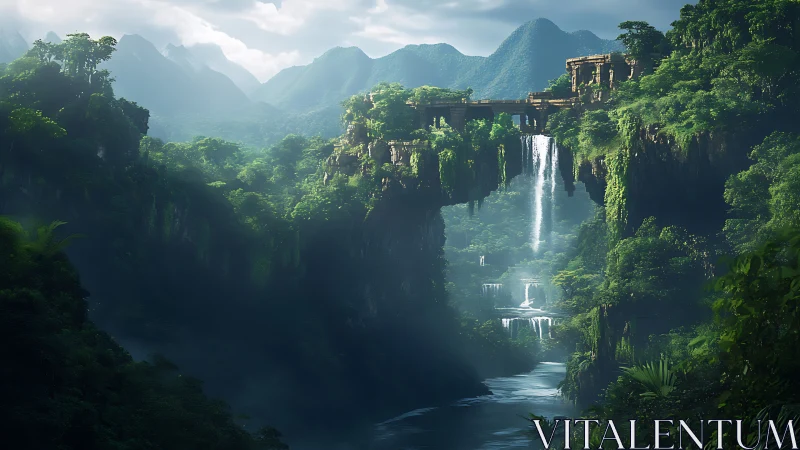 Ancient stone bridge spans misty jungle canyon with waterfalls