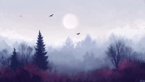 Misty forest landscape shows silhouetted trees and distant sun