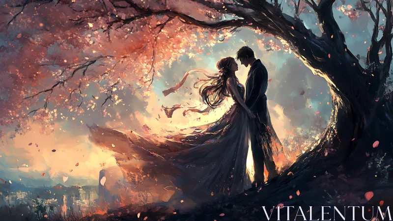 Silhouetted Couple Beneath Glowing Cherry Blossoms.