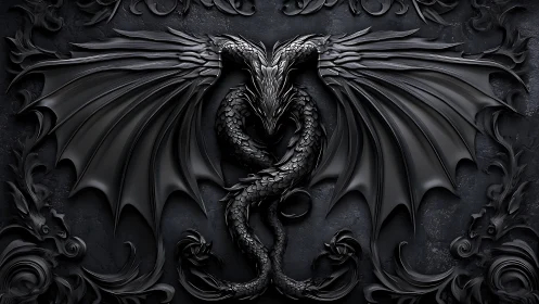 Dark sculpted dragon emblem with wide wings on stone wall