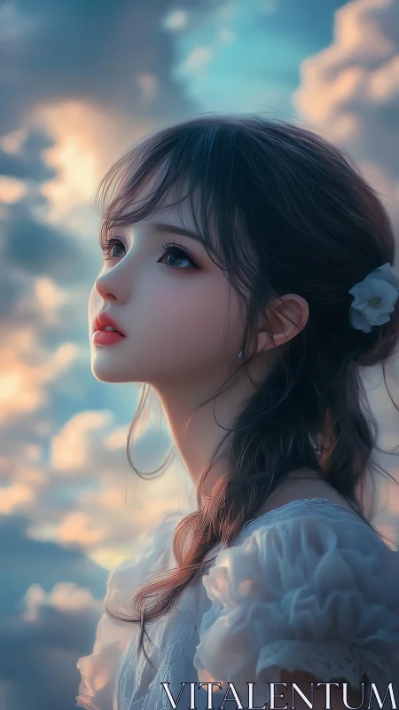 Dreamy anime girl gazes upward beneath glowing clouds