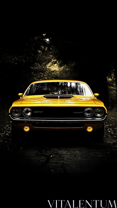 Golden classic muscle car glowing in a moody forest road.