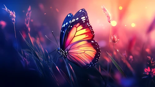 Luminous butterfly rests in dreamy neon twilight meadow