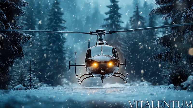 Rescue helicopter hovers low in a snowy twilight forest