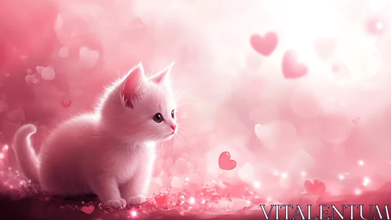 Fluffy Pink Kitten Among Hearts in Dreamlike Setting.
