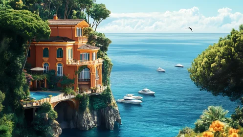 Clifftop terracotta villa overlooking azure Mediterranean bay.