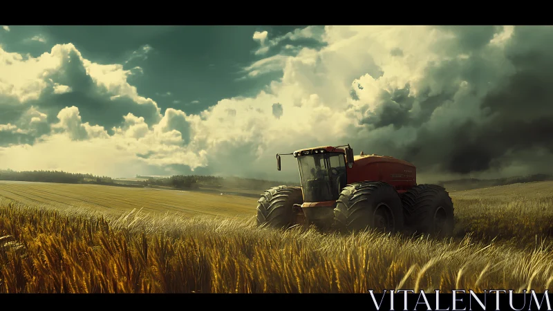 Stormlit harvester traverses wheat field under dramatic clouds