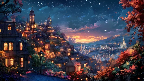 Layered hillside town and distant skyline under luminous twilight