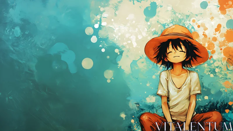Relaxed anime boy in straw hat against teal splatter field