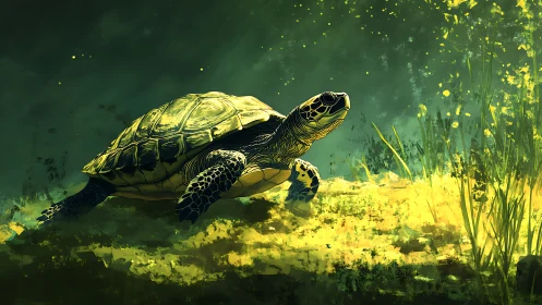 Sea turtle on illuminated seabed in green underwater scene.