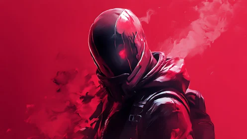 Crimson-hooded phantom stalks through smoke and neon haze.
