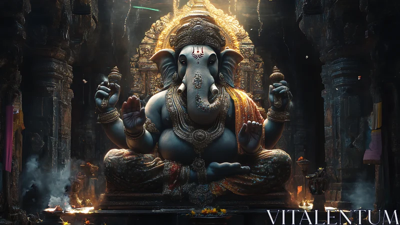 Majestic Ganesha idol in ornate golden temple shrine.