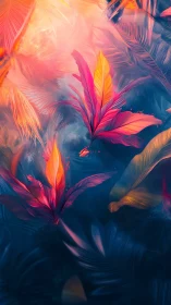 Digital tropical foliage composition contrasts warm and cool tones