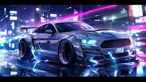 Modified sports car on wet neon city street at night.