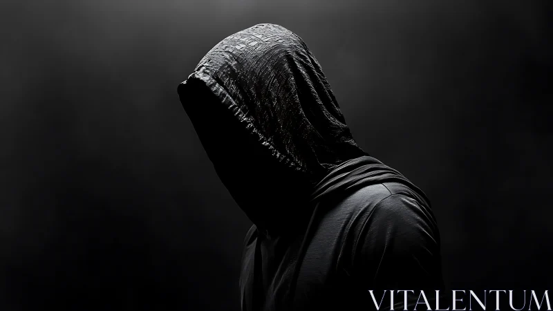 Shadowed hooded figure leans into darkness with quiet drama