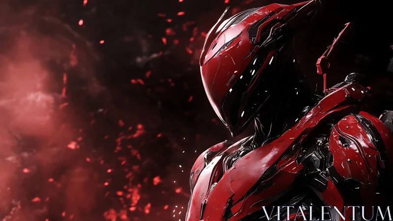 Crimson armored cyborg stands amid embers and smoke.