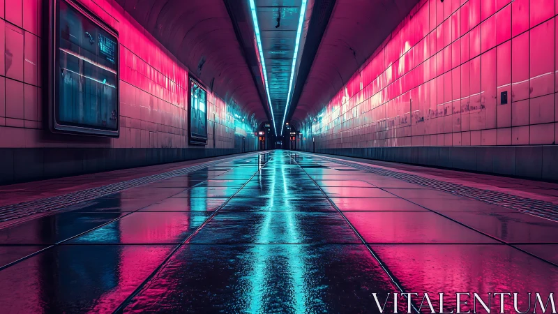 Neon subway tunnel amplifies reflections on wet platform
