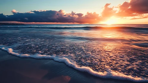 Sunset light reflecting on rolling ocean shoreline waves.