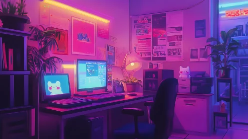 Neon-lit home office workstation with dual displays and decor